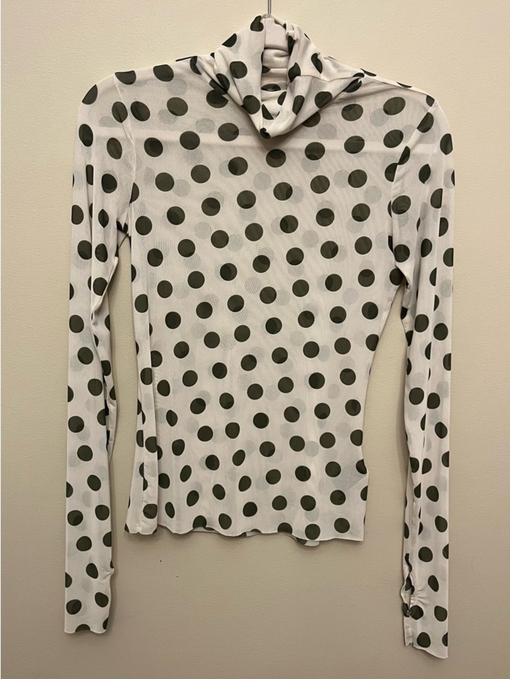 AFRM Mock Neck Long Sleeve Polka Dot Mesh Top Women's Size Medium Ivory Green
